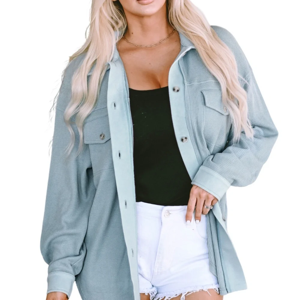 Sky Blue Waffle Knit Pocketed Button-Up Shacket‎